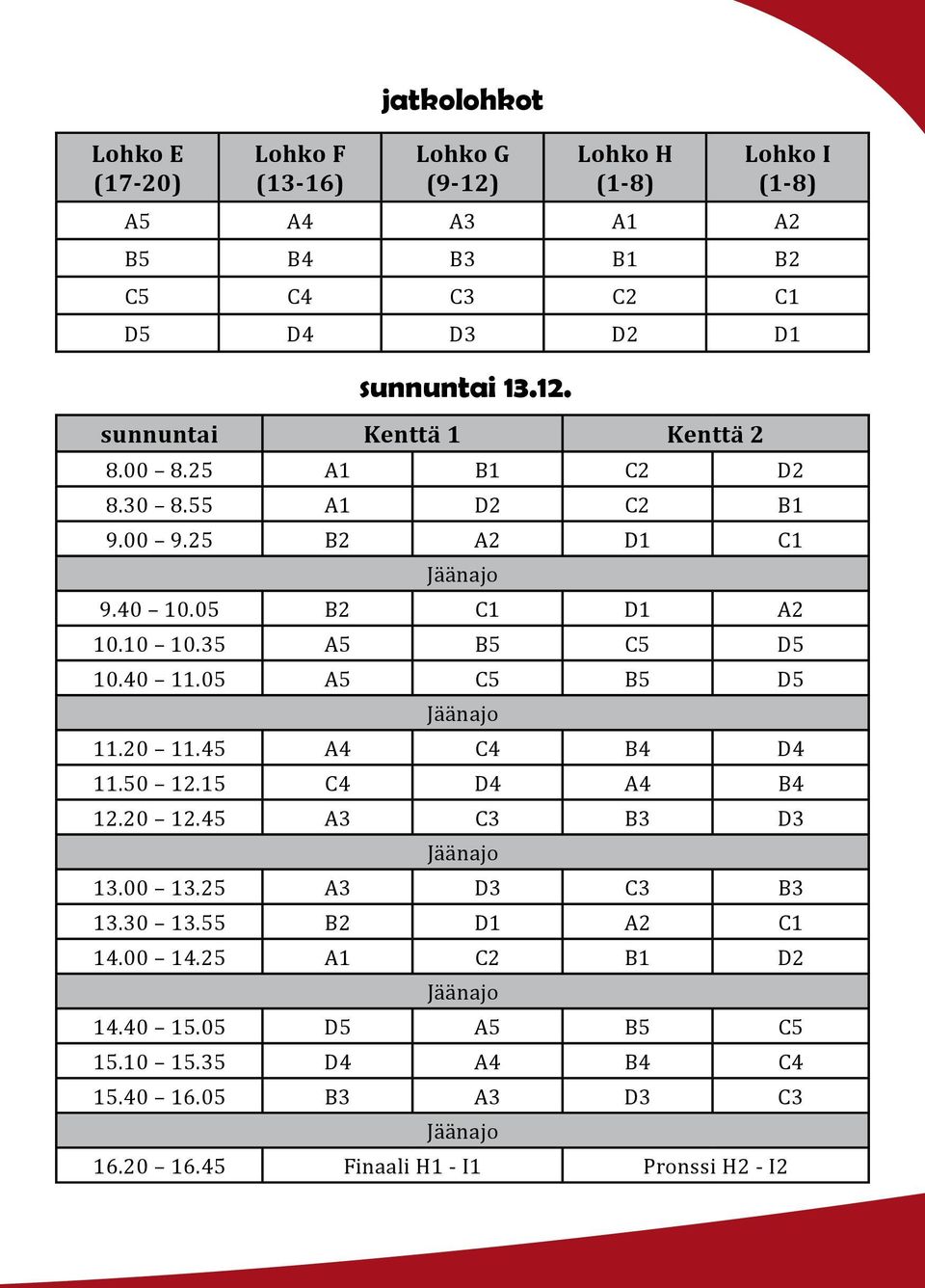 25 A1 B1 C2 D2 8.30 8.55 A1 D2 C2 B1 9.00 9.25 B2 A2 D1 C1 9.40 10.05 B2 C1 D1 A2 10.10 10.35 A5 B5 C5 D5 10.40 11.05 A5 C5 B5 D5 11.20 11.