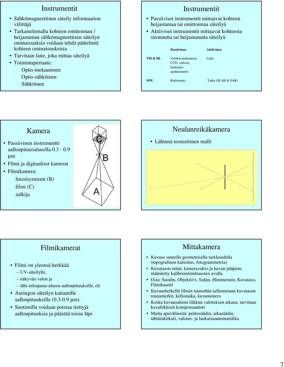 Aktiiviset instrumentit mittaavat kohteesta sironnutta tai heijastunutta säteilyä Passiivinen VIS & IR: Valokuvauskamera, Lidar CCD, vidicon, keilaimet, spektrometrit Aktiivinen MW: Radiometri Tutka