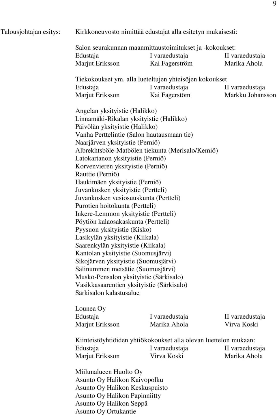 alla lueteltujen yhteisöjen kokoukset Edustaja I varaedustaja II varaedustaja Marjut Eriksson Kai Fagerstöm Markku Johansson Angelan yksityistie (Halikko) Linnamäki-Rikalan yksityistie (Halikko)