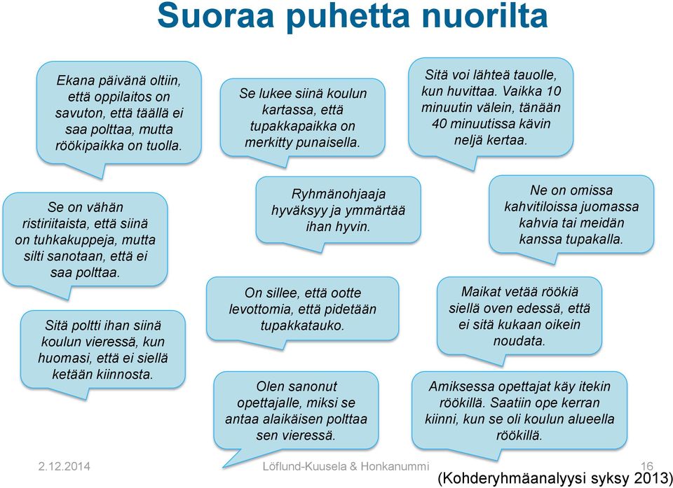 Se on vähän ristiriitaista, että siinä on tuhkakuppeja, mutta silti sanotaan, että ei saa polttaa. Sitä poltti ihan siinä koulun vieressä, kun huomasi, että ei siellä ketään kiinnosta.