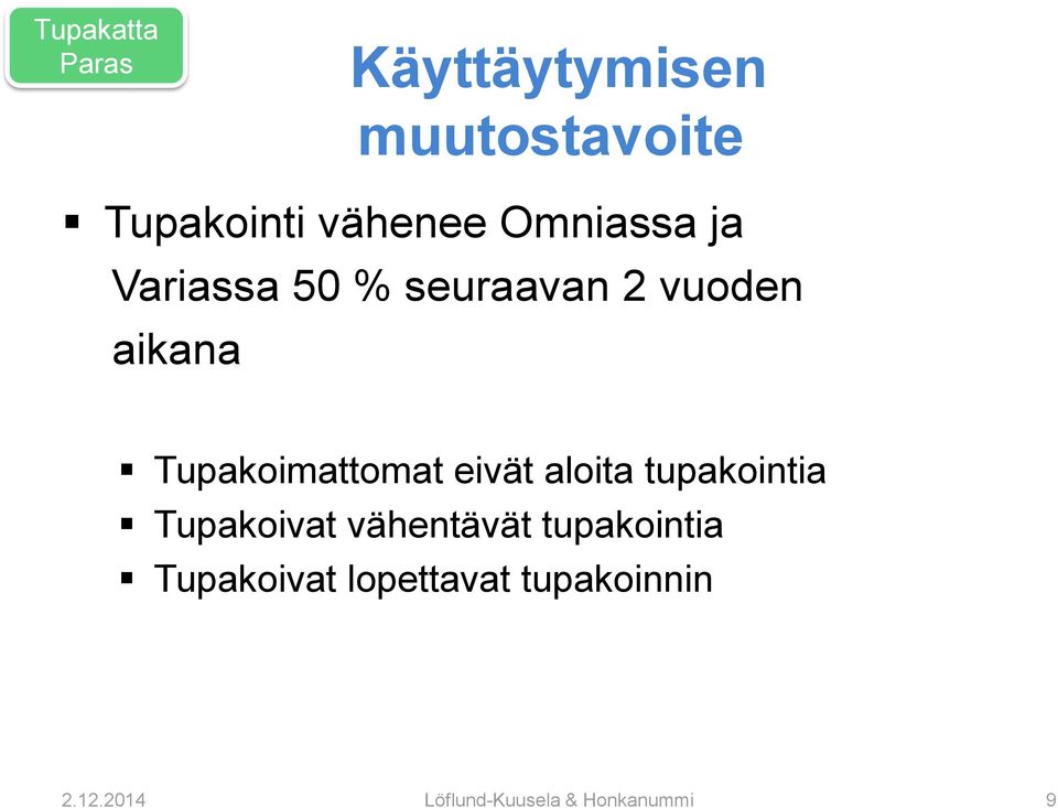 Tupakoimattomat eivät aloita tupakointia Tupakoivat vähentävät