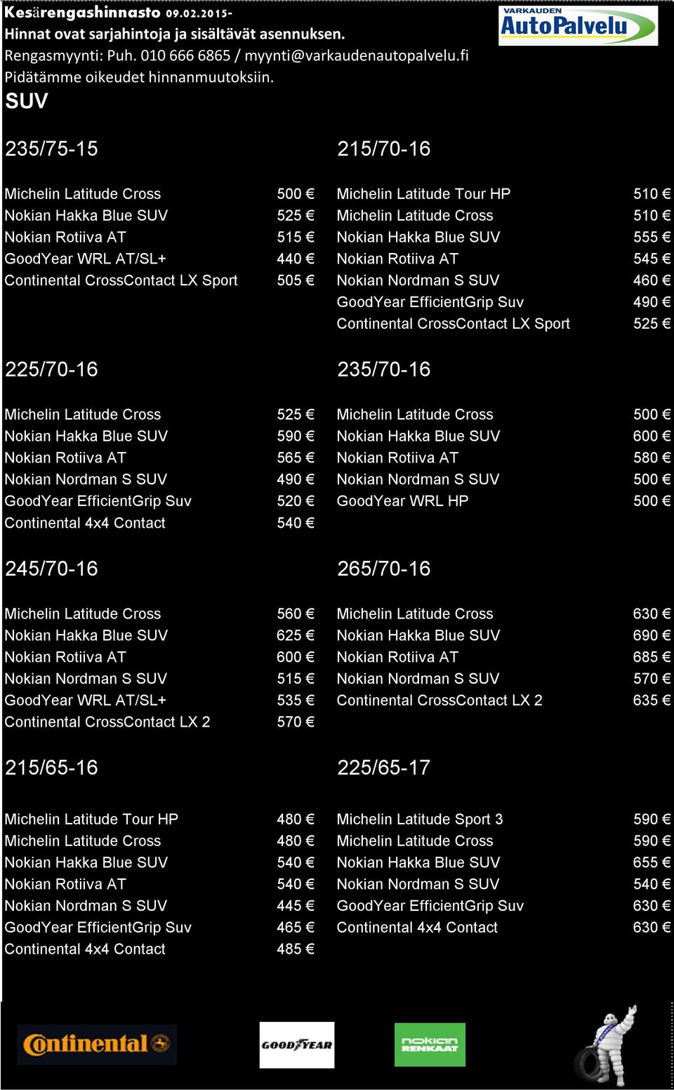 AT/SL+ 440 Nokian Rotiiva AT 545 Continental CrossContact LX Sport 505 Nokian Nordman S SUV 460 GoodYear EfficientGrip Suv 490 Continental CrossContact LX Sport 525 225/70-16 235/70-16 Michelin