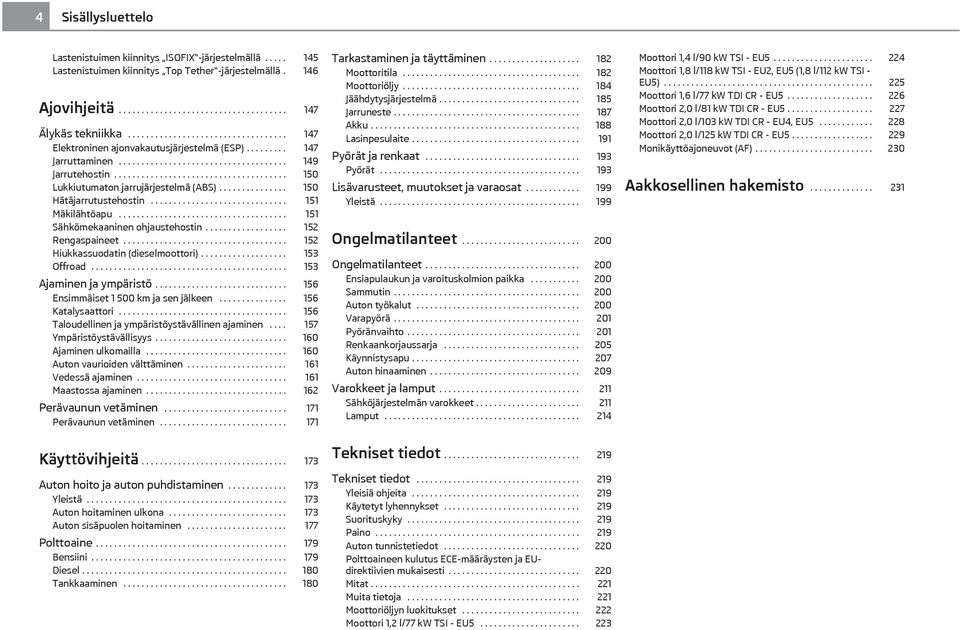 ..................................... 150 Lukkiutumaton jarrujärjestelmä (ABS)............... 150 Hätäjarrutustehostin.............................. 151 Mäkilähtöapu.