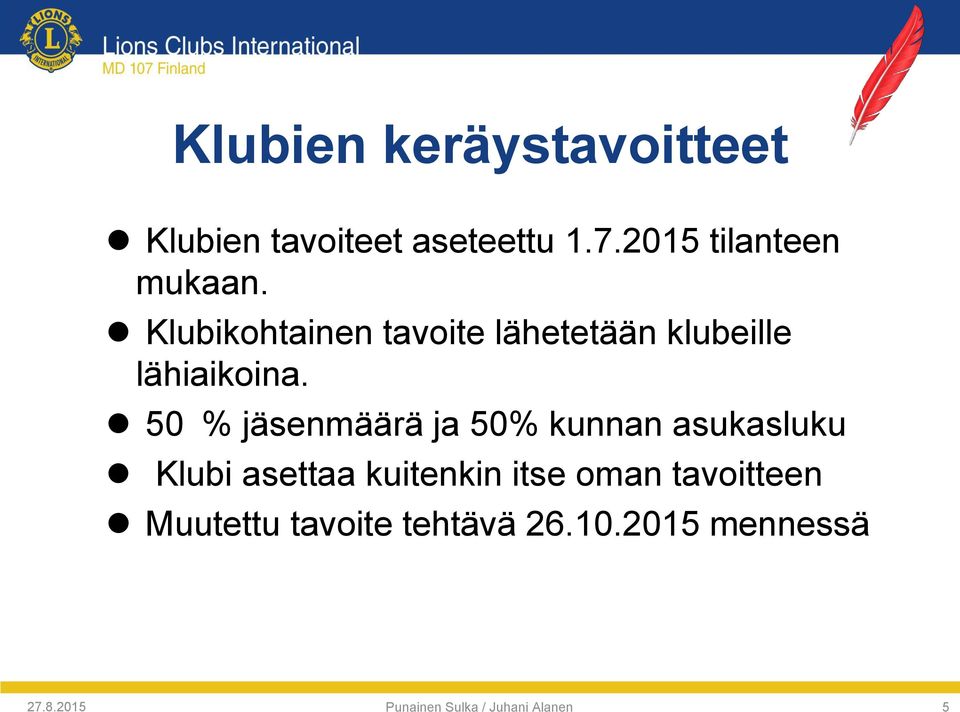 Klubikohtainen tavoite lähetetään klubeille lähiaikoina.