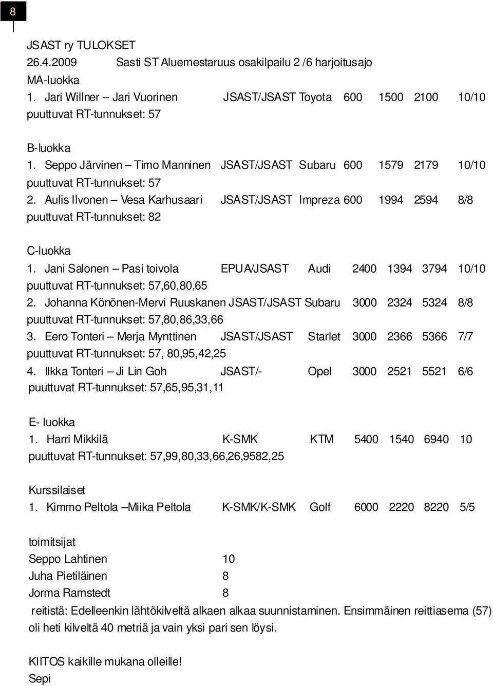 Aulis Ilvonen Vesa Karhusaari JSAST/JSAST Impreza 600 1994 2594 8/8 puuttuvat RT-tunnukset: 82 C-luokka 1.