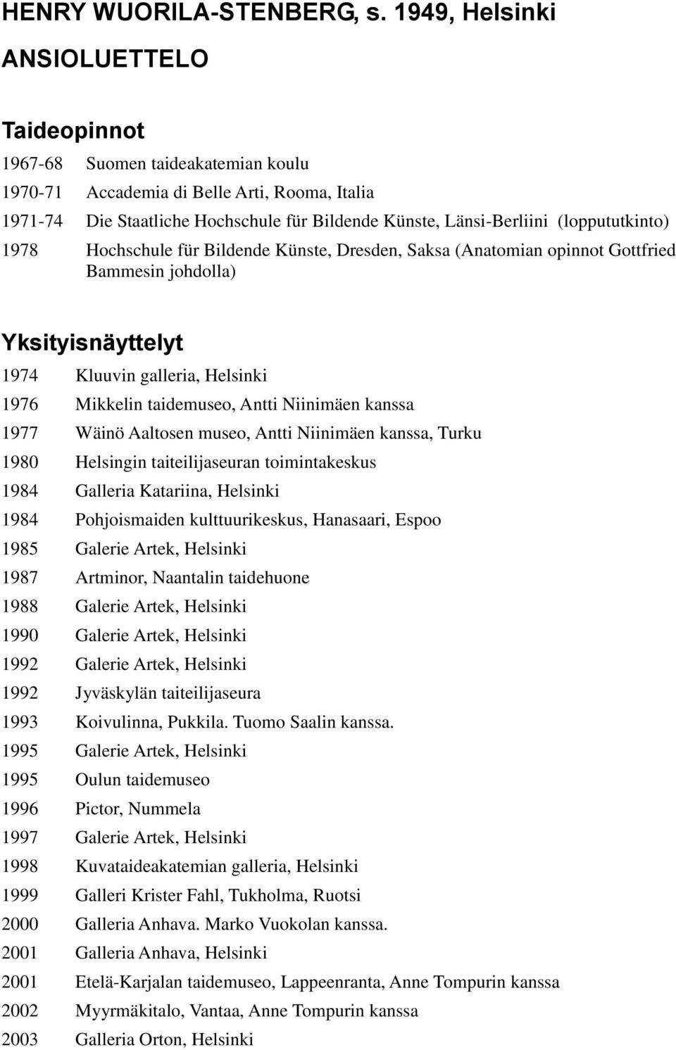 (loppututkinto) 1978 Hochschule für Bildende Künste, Dresden, Saksa (Anatomian opinnot Gottfried Bammesin johdolla) Yksityisnäyttelyt 1974 Kluuvin galleria, Helsinki 1976 Mikkelin taidemuseo, Antti
