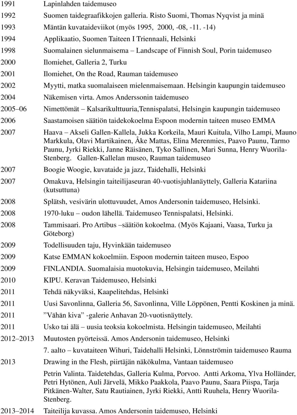 Rauman taidemuseo 2002 Myytti, matka suomalaiseen mielenmaisemaan. Helsingin kaupungin taidemuseo 2004 Näkemisen virta.