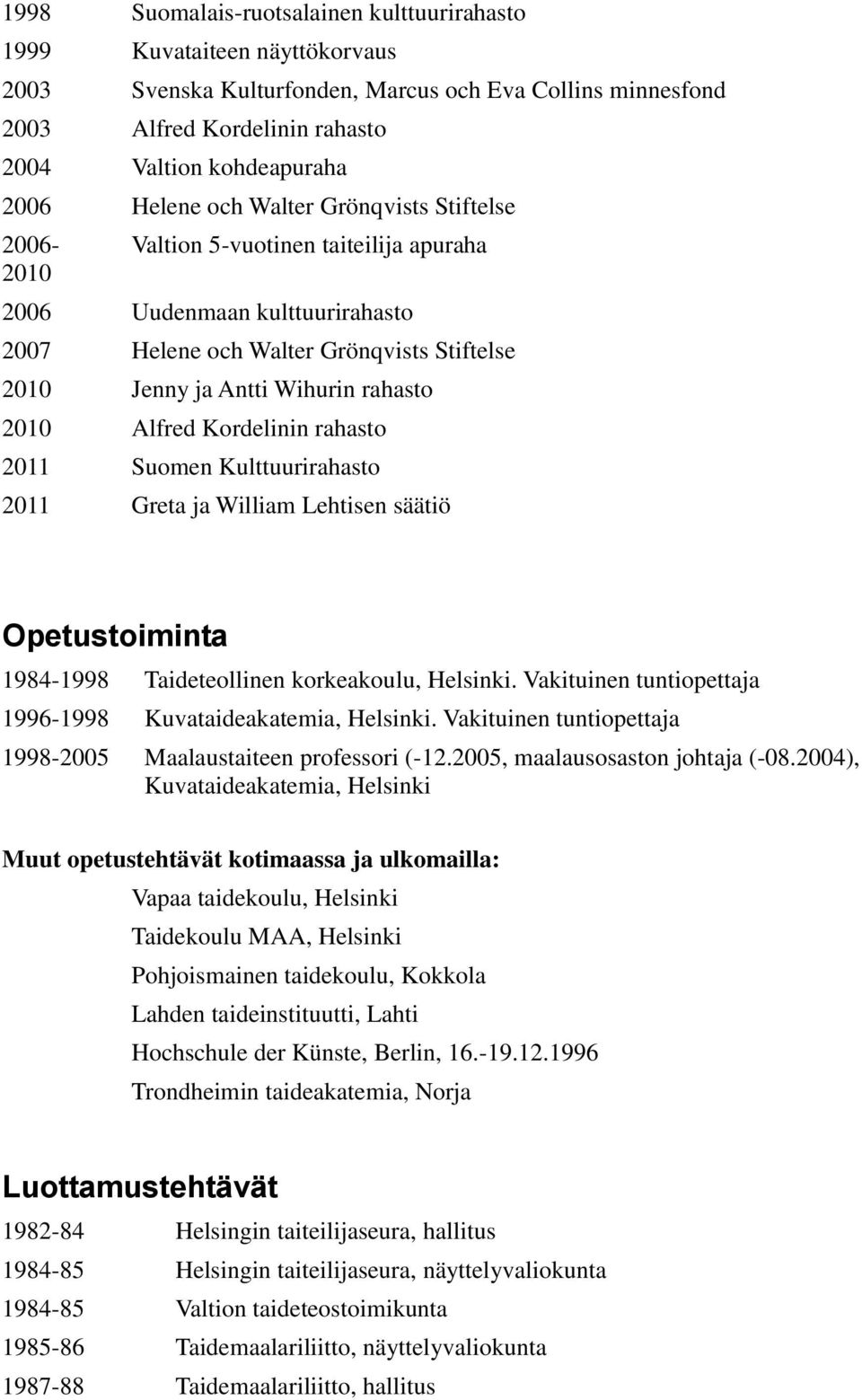 2010 Alfred Kordelinin rahasto 2011 Suomen Kulttuurirahasto 2011 Greta ja William Lehtisen säätiö Opetustoiminta 1984-1998 Taideteollinen korkeakoulu, Helsinki.
