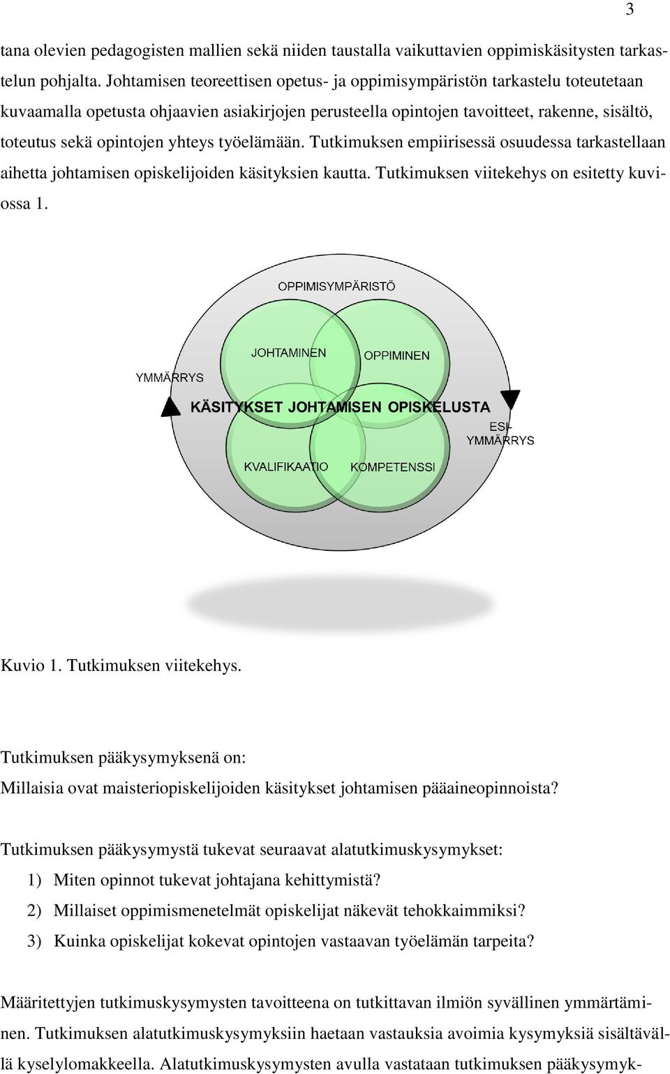 yhteys työelämään. Tutkimuksen empiirisessä osuudessa tarkastellaan aihetta johtamisen opiskelijoiden käsityksien kautta. Tutkimuksen viitekehys on esitetty kuviossa 1. Kuvio 1.