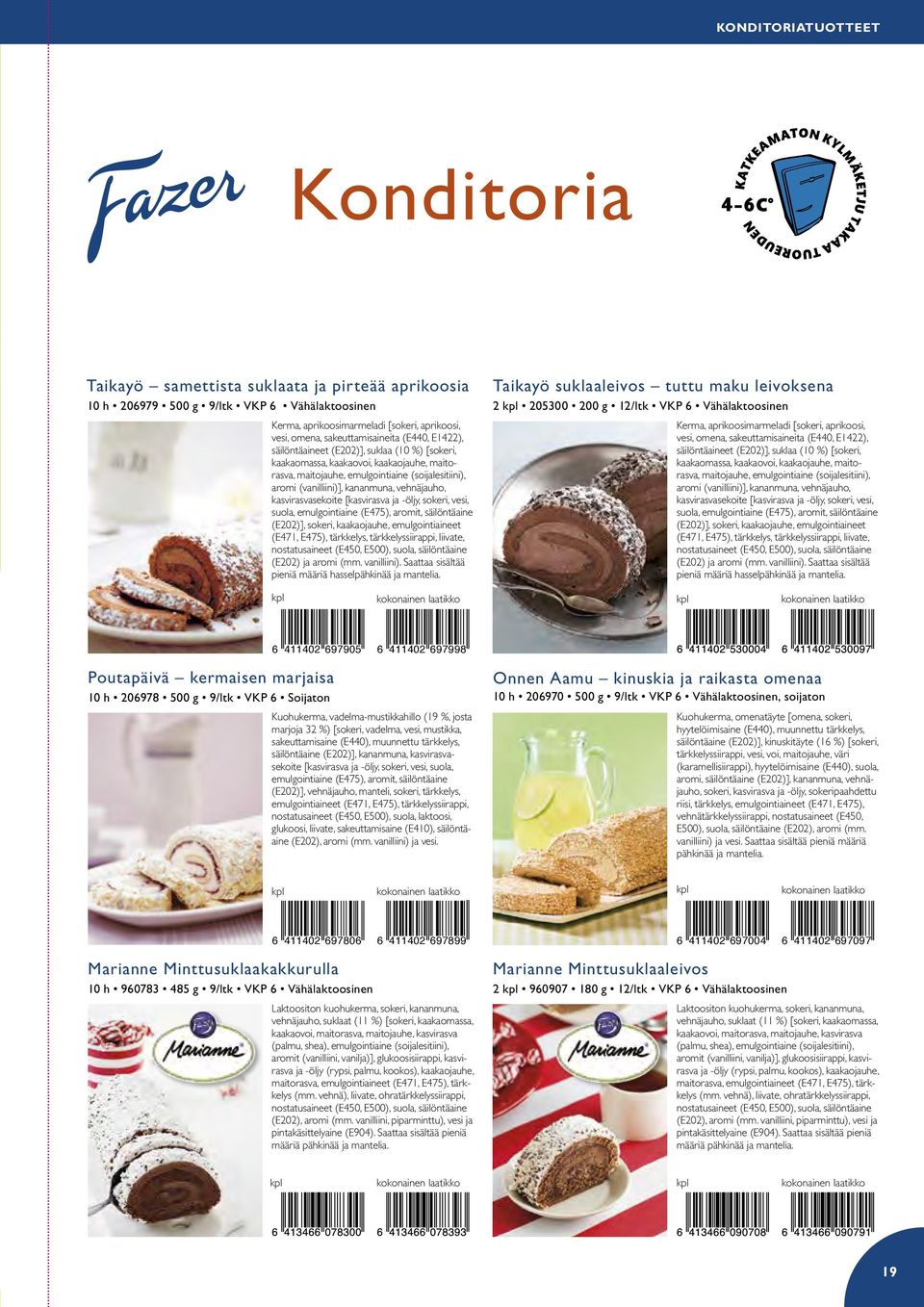 kananmuna, vehnäjauho, kasvi rasvasekoite [kasvirasva ja -öljy, sokeri, vesi, suola, emulgointiaine (E475), aromit, säilöntäaine (E202)], sokeri, kaakaojauhe, emulgointiaineet (E471, E475),
