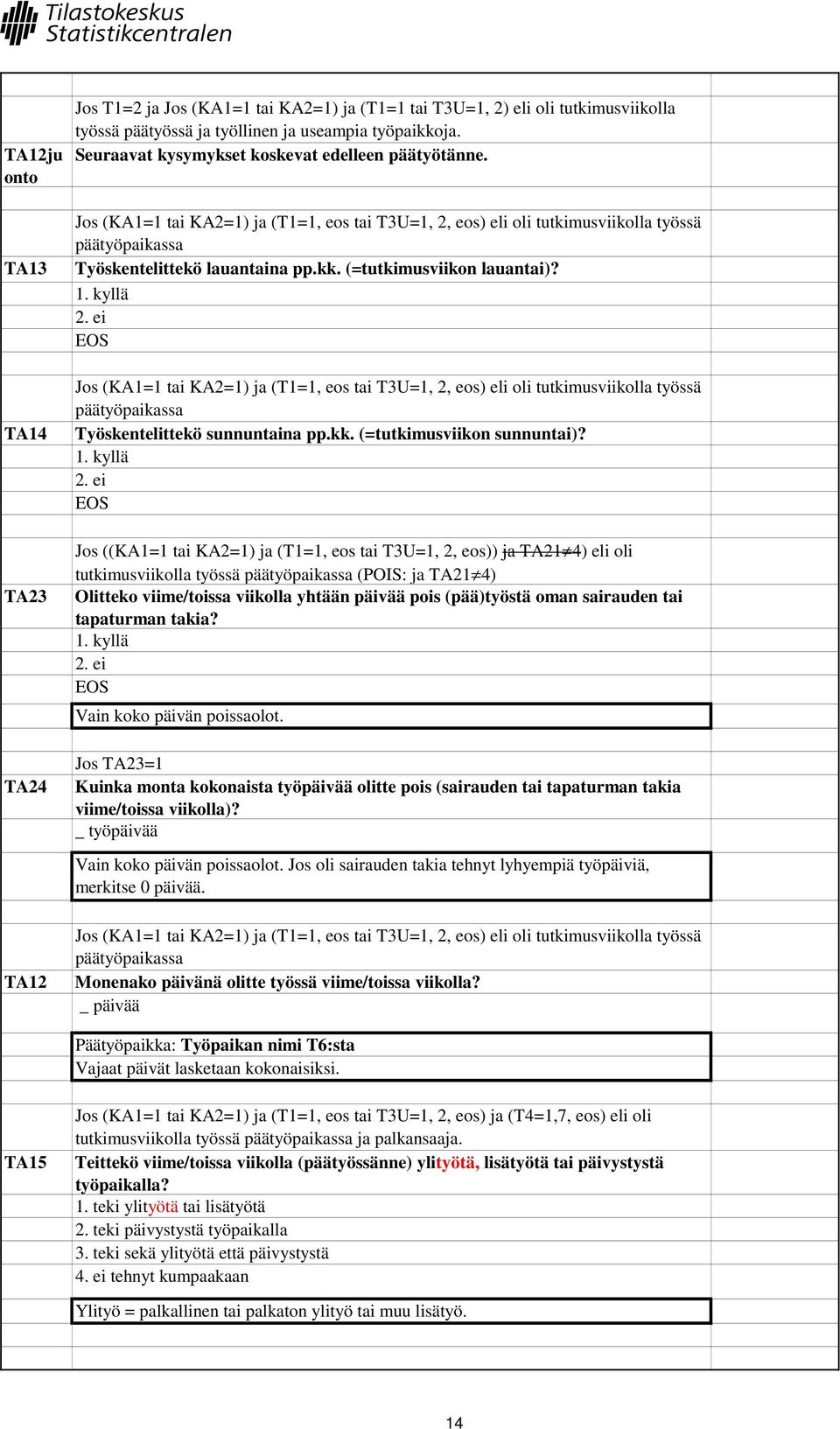 (=tutkimusviikon lauantai)? Jos (KA1=1 tai KA2=1) ja (T1=1, eos tai T3U=1, 2, eos) eli oli tutkimusviikolla työssä päätyöpaikassa Työskentelittekö sunnuntaina pp.kk. (=tutkimusviikon sunnuntai)?