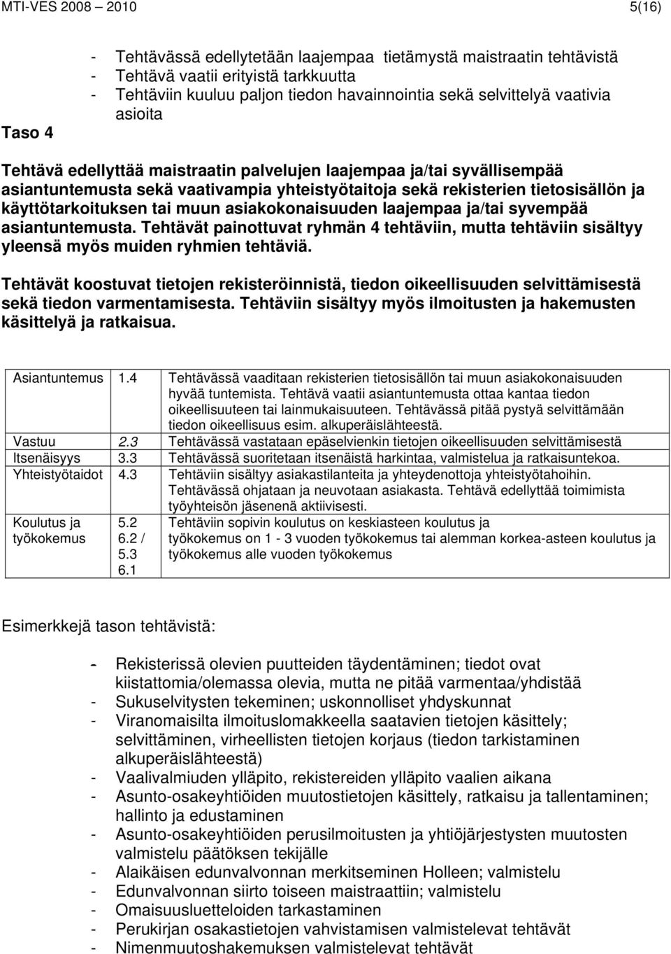 käyttötarkoituksen tai muun asiakokonaisuuden laajempaa ja/tai syvempää asiantuntemusta. Tehtävät painottuvat ryhmän 4 tehtäviin, mutta tehtäviin sisältyy yleensä myös muiden ryhmien tehtäviä.