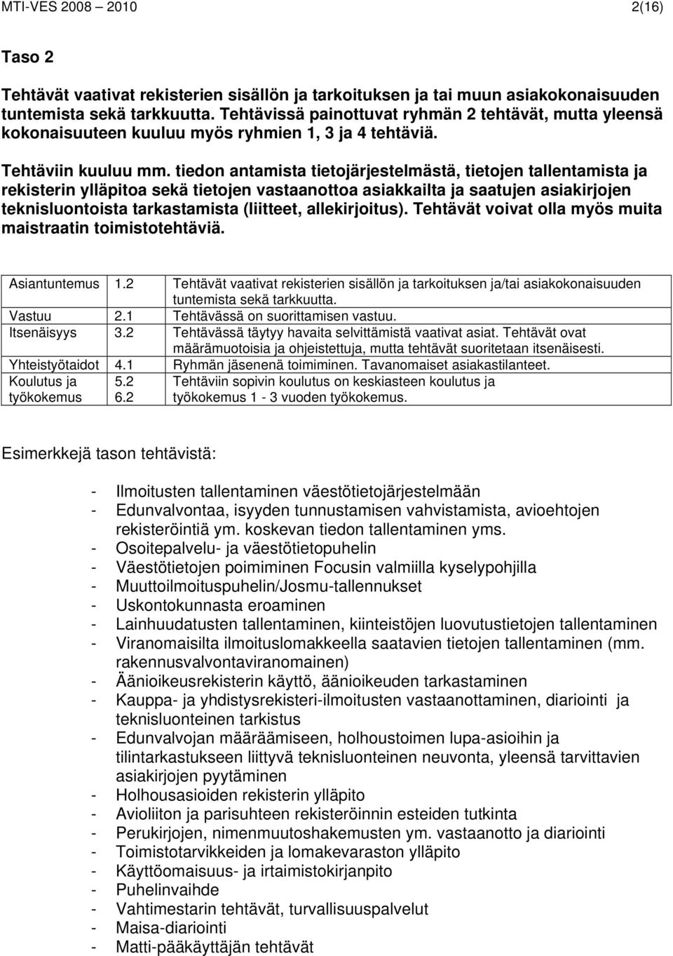 tiedon antamista tietojärjestelmästä, tietojen tallentamista ja rekisterin ylläpitoa sekä tietojen vastaanottoa asiakkailta ja saatujen asiakirjojen teknisluontoista tarkastamista (liitteet,