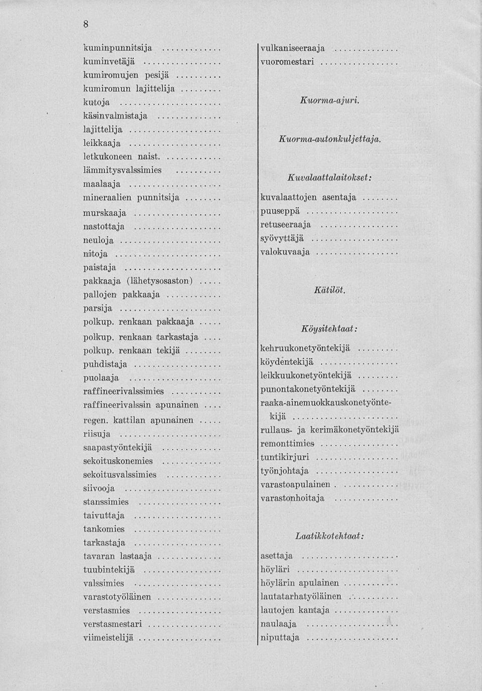 raffineerivalsisin apumaimen regen kattilan apunainem riisuja saapastyöntekijä sekoituskonemies sekoitusvalssimies siivooja stanssimies taivuttaja toukomies tarkastaja tavaran lastaaja tuubintekijä