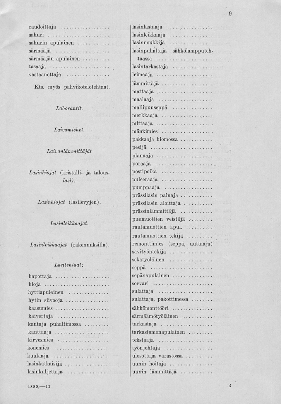 siivooja kaasumies Lasinleikkaajat Lasitehtaat: kaivertaja kantaja puhaltimossa kanttaaja kirvesmies konemies kuulaaja lasinkatkaisija lasinkuljettaja (rakennuksilla) mattaaja maalaaja mallipuuseppä