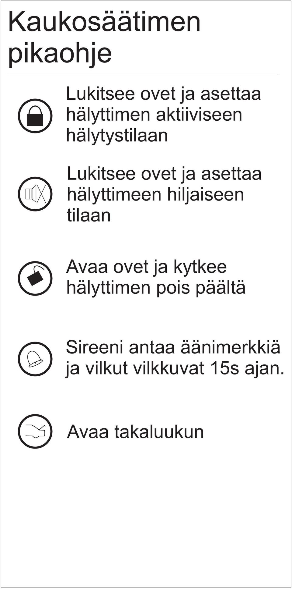 hiljaiseen tilaan Avaa ovet ja kytkee hälyttimen pois päältä