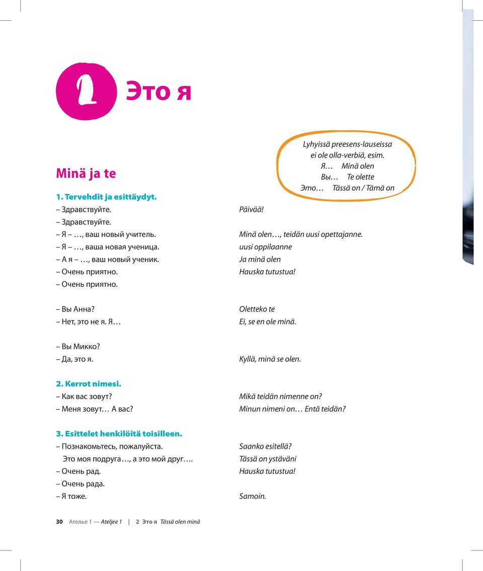 Я Ei, se en ole minä. Вы Микко? Да, это я. Kyllä, minä se olen. 2. Kerrot nimesi. Как вас зовут? Mikä teidän nimenne on? Меня зовут А вас? Minun nimeni on Entä teidän? 3.