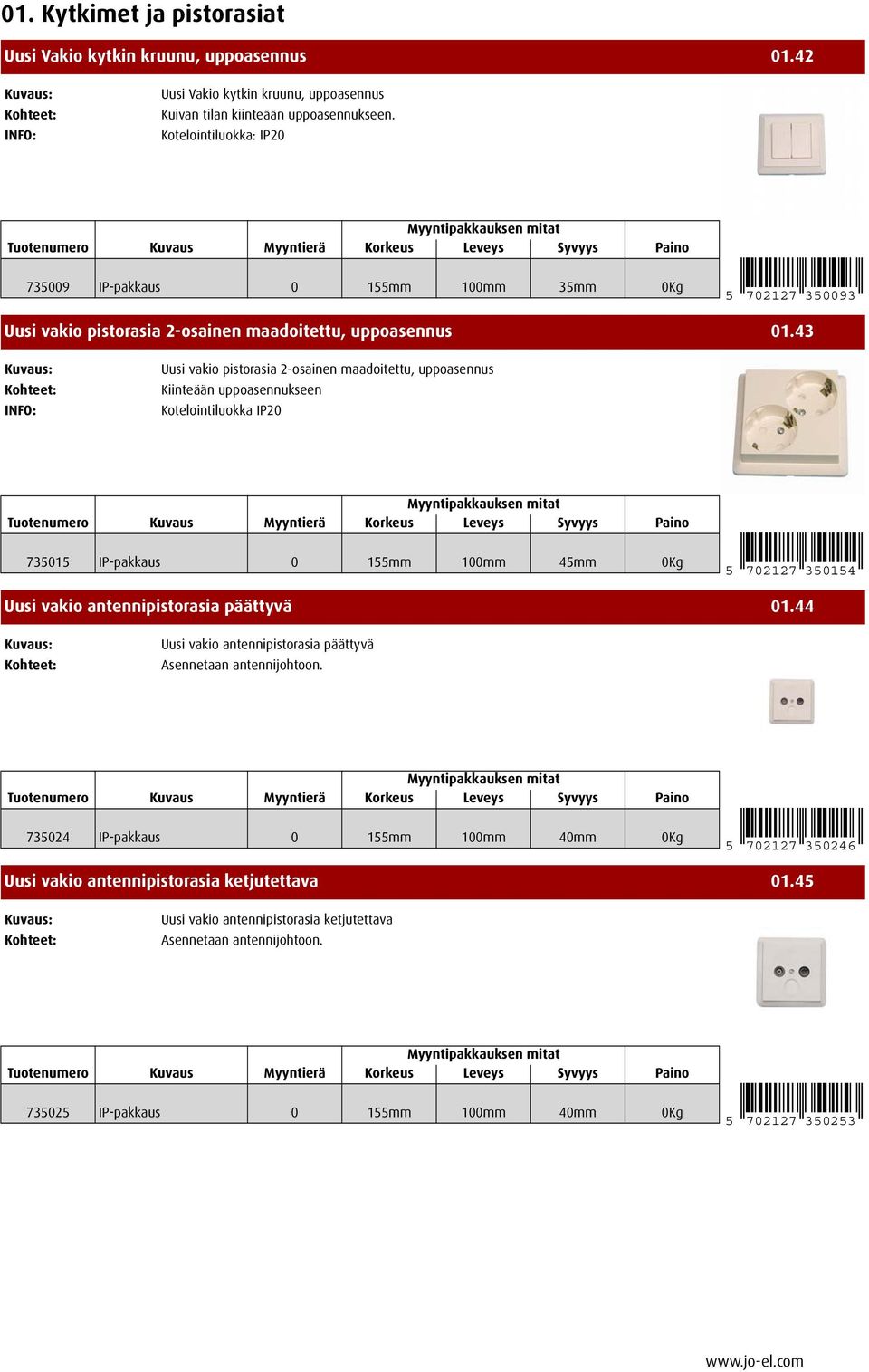 43 Uusi vakio pistorasia 2-osainen maadoitettu, uppoasennus Kotelointiluokka IP20 735015 IP-pakkaus 0 155mm 100mm 45mm 0Kg 5 702127 350154 Uusi vakio antennipistorasia päättyvä 01.