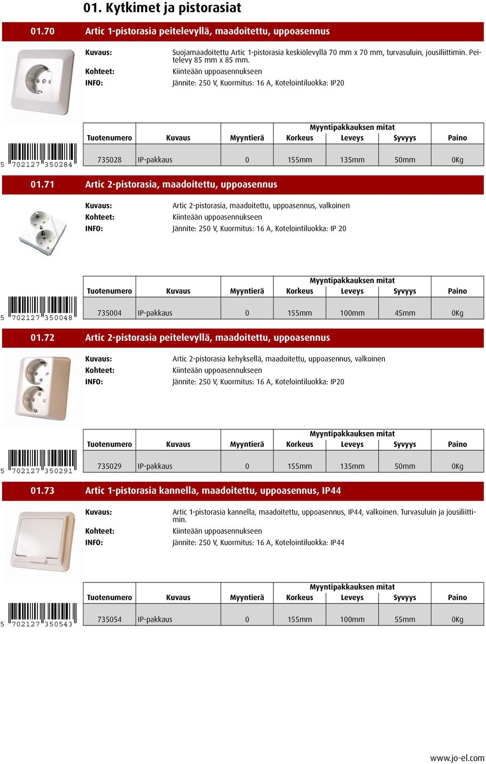 71 Artic 2-pistorasia, maadoitettu, uppoasennus Artic 2-pistorasia, maadoitettu, uppoasennus, valkoinen Jännite: 250 V, Kuormitus: 16 A, Kotelointiluokka: IP 20 5 702127 350048 735004 IP-pakkaus 0