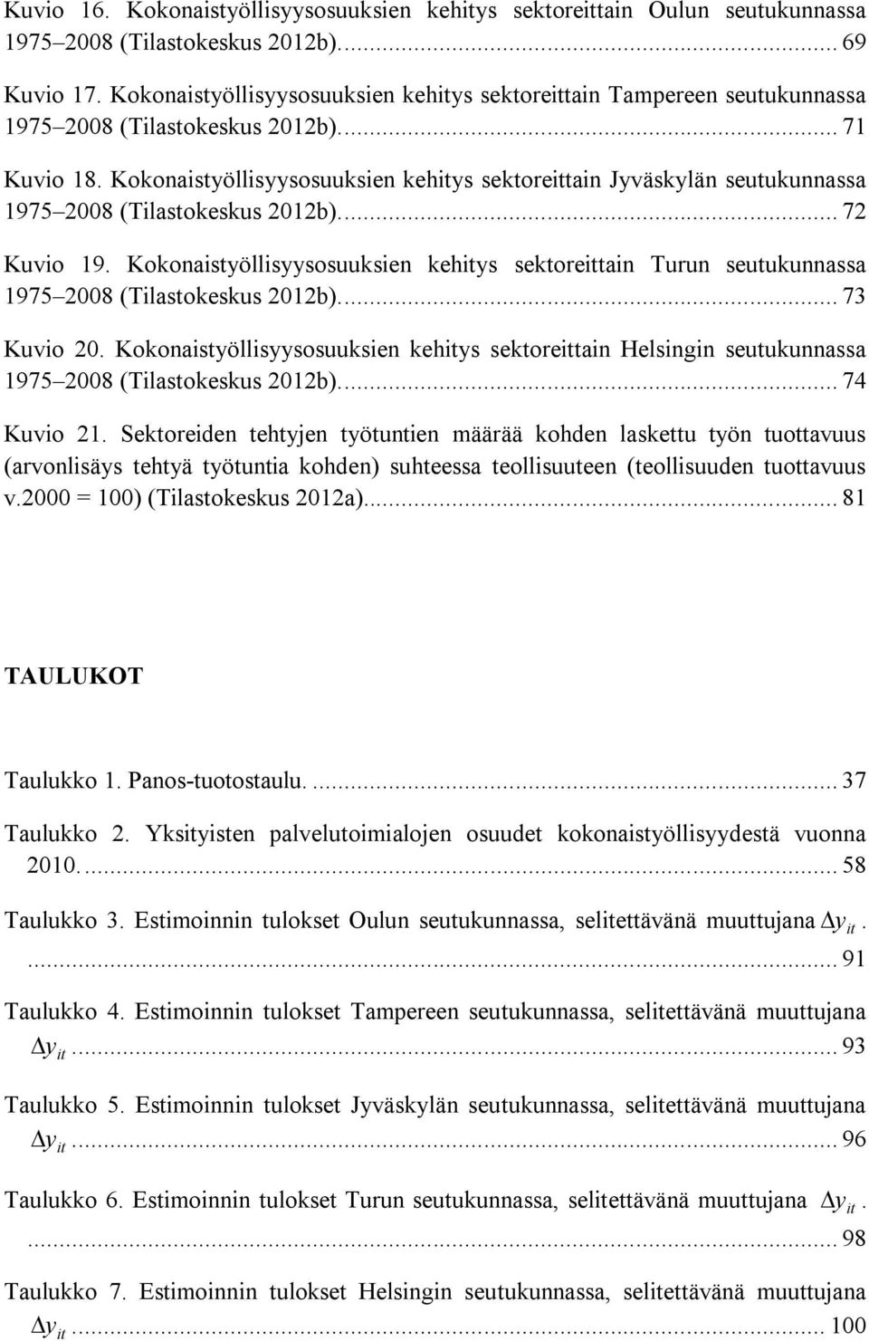 Kokonaistyöllisyysosuuksien kehitys sektoreittain Jyväskylän seutukunnassa 1975 2008 (Tilastokeskus 2012b).... 72 Kuvio 19.