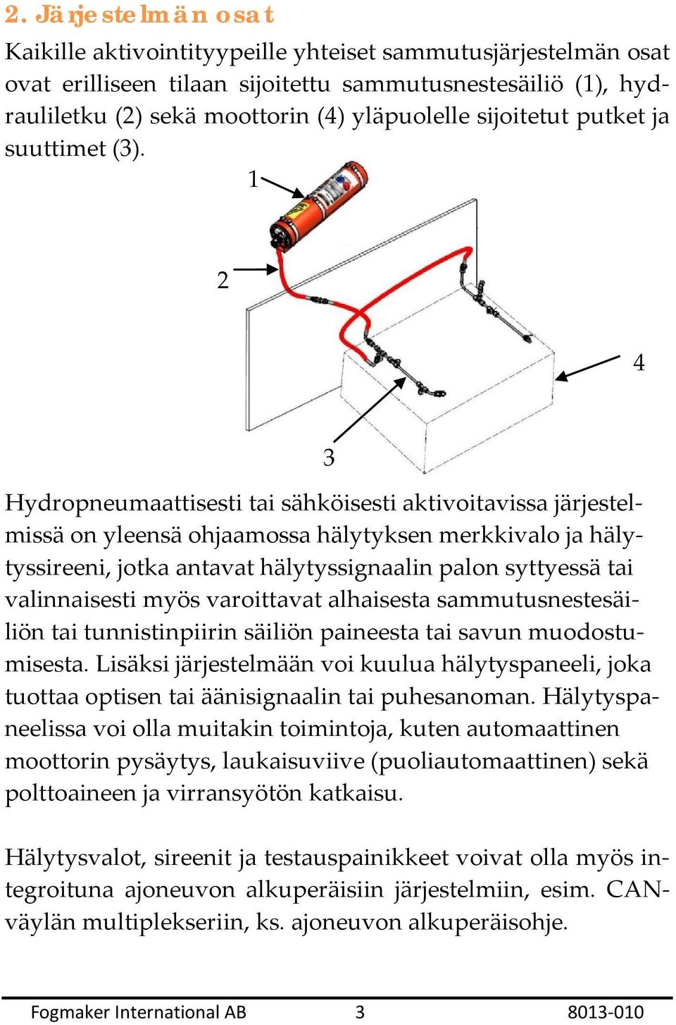 1 2 4 3 Hydropneumaattisesti tai sähköisesti aktivoitavissa järjestelmissä on yleensä ohjaamossa hälytyksen merkkivalo ja hälytyssireeni, jotka antavat hälytyssignaalin palon syttyessä tai