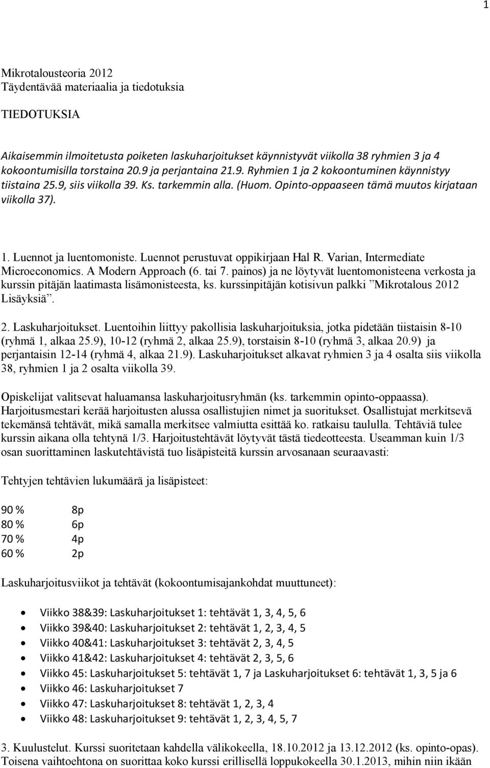 Luennot perustuvat oppikirjaan Hal R. Varian, Intermediate Microeconomics. A Modern Approach (6. tai 7.