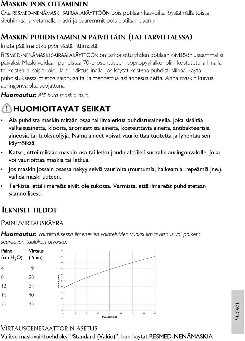 Maski voidaan puhdistaa 70-prosenttiseen isopropyylialkoholiin kostutetulla liinalla tai kostealla, saippuoidulla puhdistusliinalla.