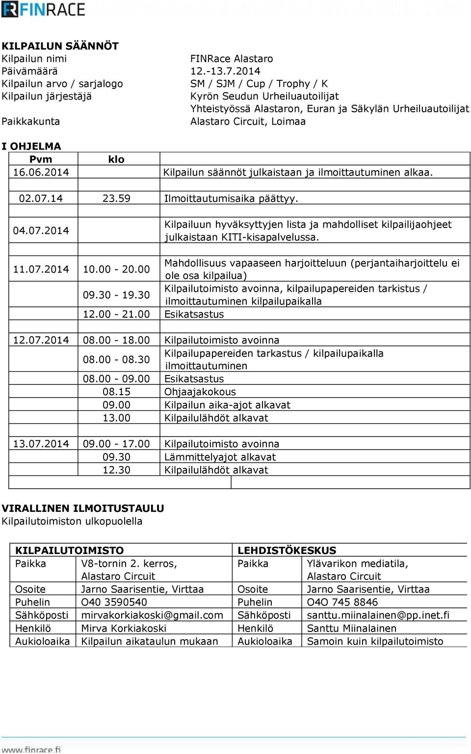 Circuit, Loimaa I OHJELMA Pvm klo 16.06.2014 Kilpailun säännöt julkaistaan ja ilmoittautuminen alkaa. 02.07.