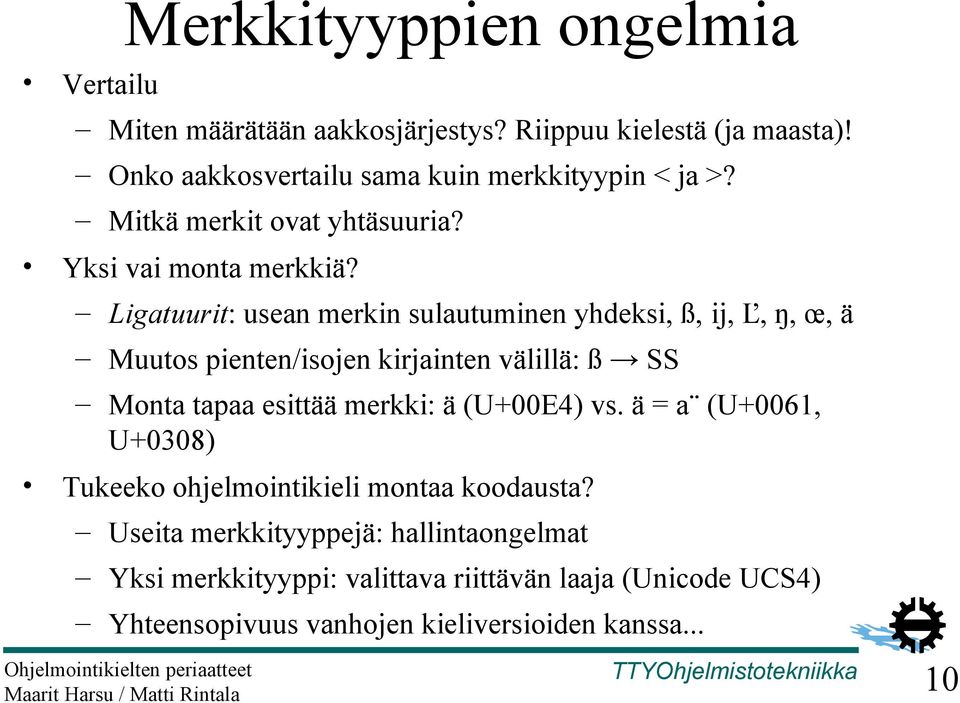 Ligatuurit: usean merkin sulautuminen yhdeksi, ß, ĳ, Ľ, ŋ, œ, ä Muutos pienten/isojen kirjainten välillä: ß SS Monta tapaa esittää merkki: ä