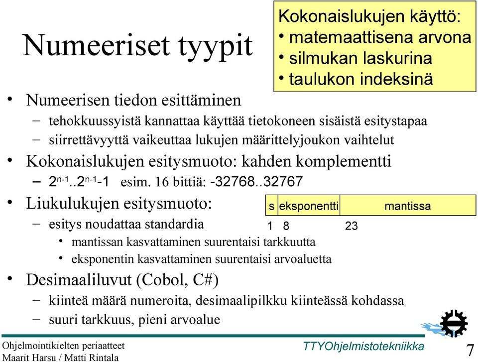 .32767 Liukulukujen esitysmuoto: esitys noudattaa standardia Kokonaislukujen käyttö: matemaattisena arvona silmukan laskurina taulukon indeksinä s eksponentti 1 8