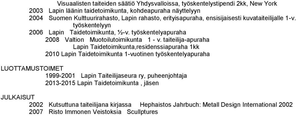 taiteilija-apuraha Lapin Taidetoimikunta,residenssiapuraha 1kk 2010 Lapin Taidetoimikunta 1-vuotinen työskentelyapuraha LUOTTAMUSTOIMET 1999-2001 Lapin Taiteilijaseura ry,