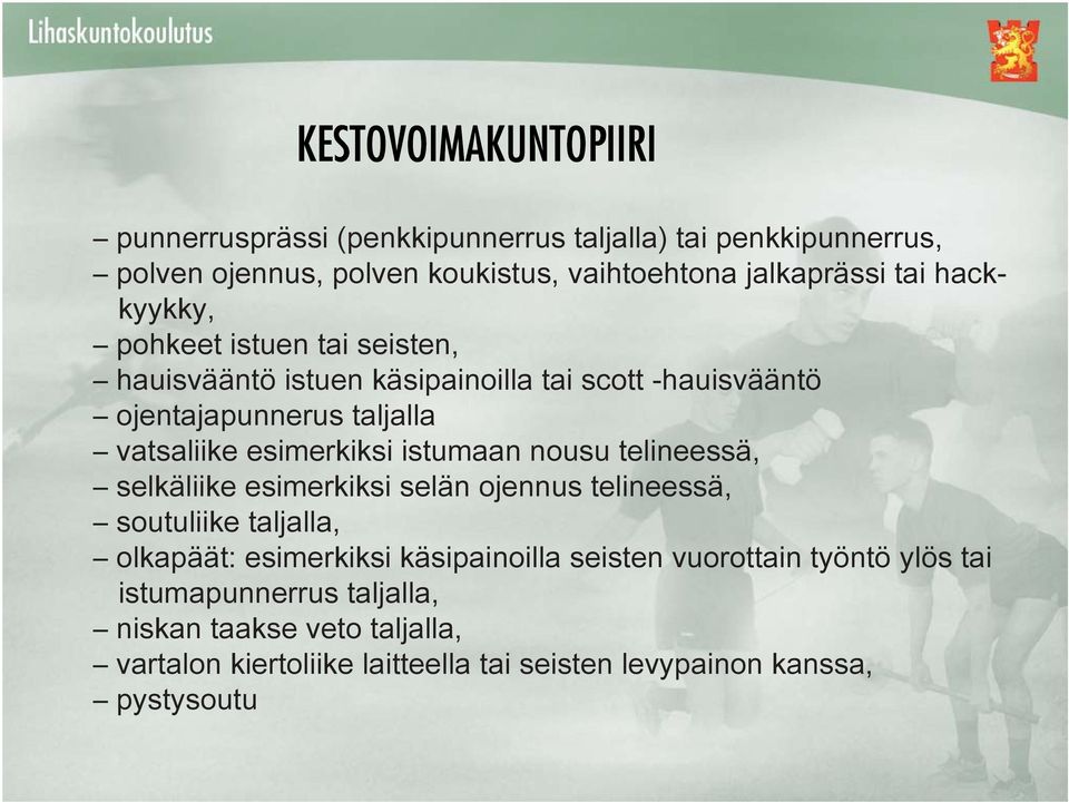 istumaan nousu telineessä, selkäliike esimerkiksi selän ojennus telineessä, soutuliike taljalla, olkapäät: esimerkiksi käsipainoilla seisten