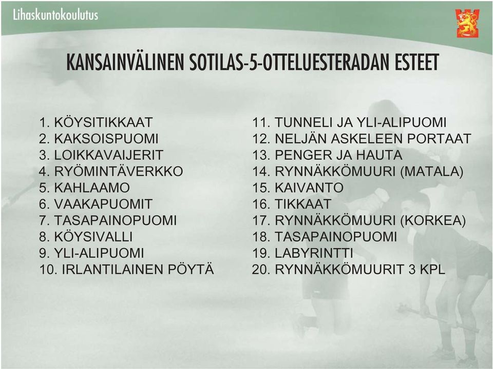 IRLANTILAINEN PÖYTÄ 11. TUNNELI JA YLI-ALIPUOMI 12. NELJÄN ASKELEEN PORTAAT 13. PENGER JA HAUTA 14.