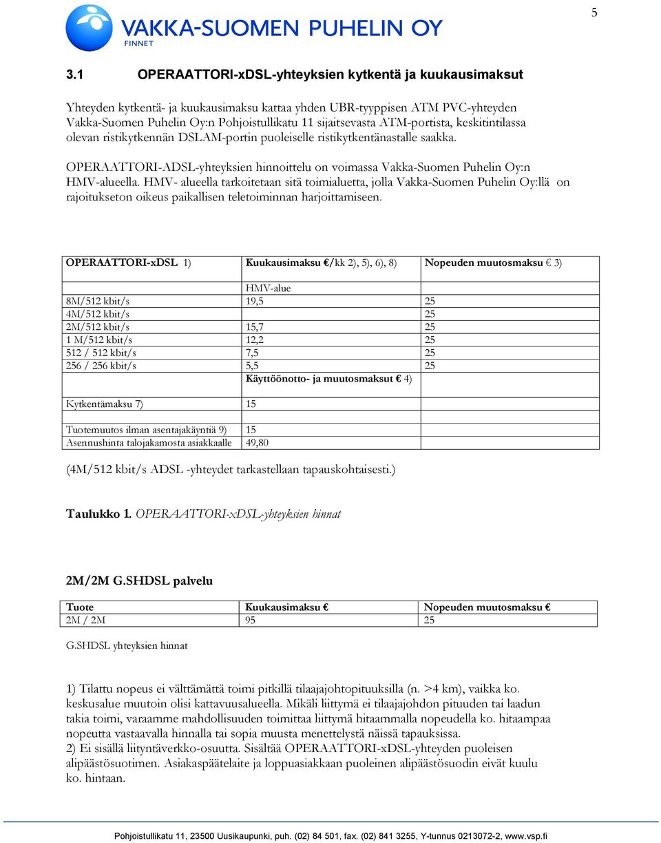 OPERAATTORI-ADSL-yhteyksien hinnoittelu on voimassa Vakka-Suomen Puhelin Oy:n HMV-alueella.