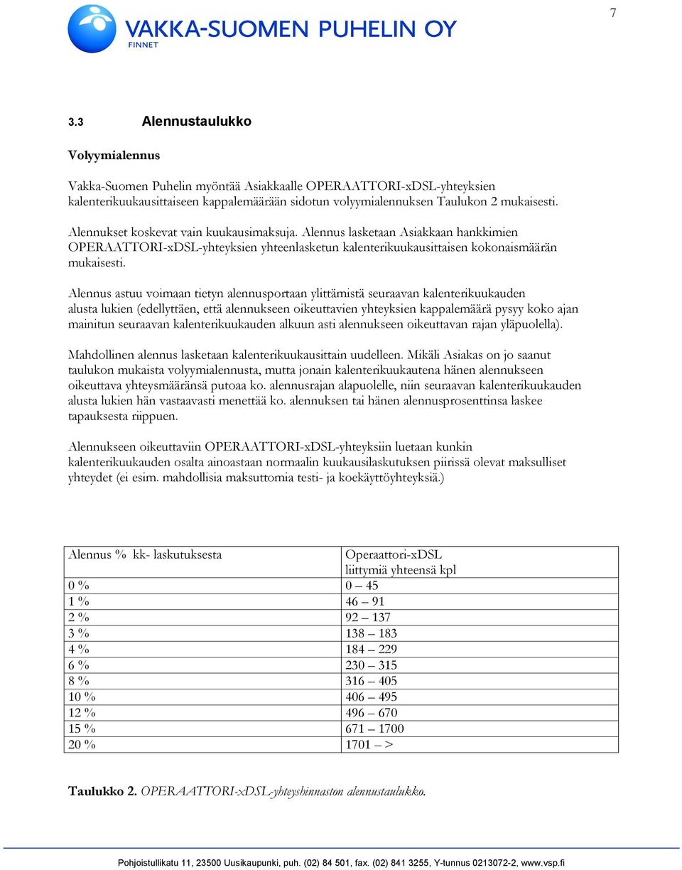 Alennus astuu voimaan tietyn alennusportaan ylittämistä seuraavan kalenterikuukauden alusta lukien (edellyttäen, että alennukseen oikeuttavien yhteyksien kappalemäärä pysyy koko ajan mainitun