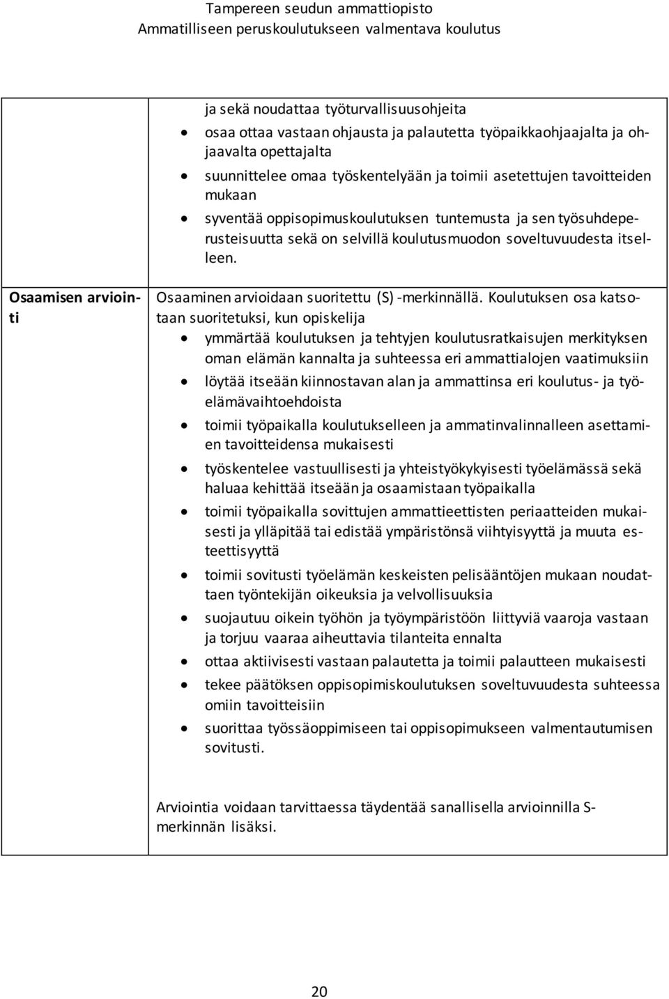 Osaamisen arviointi Osaaminen arvioidaan suoritettu (S) -merkinnällä.