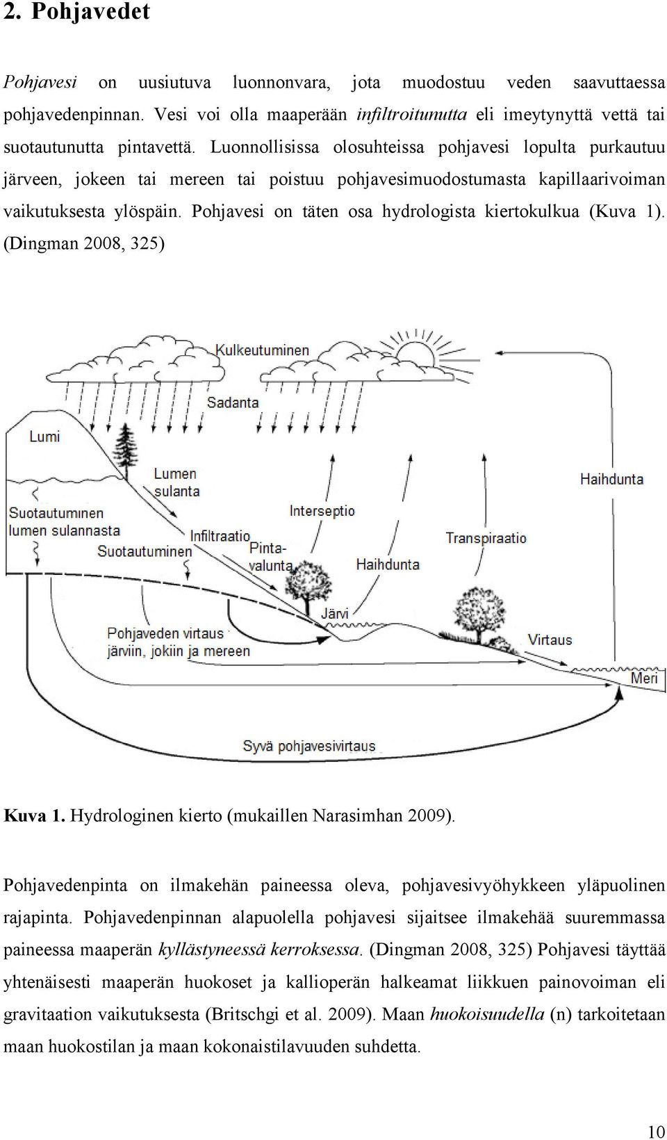 Pohjavesi on täten osa hydrologista kiertokulkua (Kuva 1). (Dingman 2008, 325) Kuva 1. Hydrologinen kierto (mukaillen Narasimhan 2009).