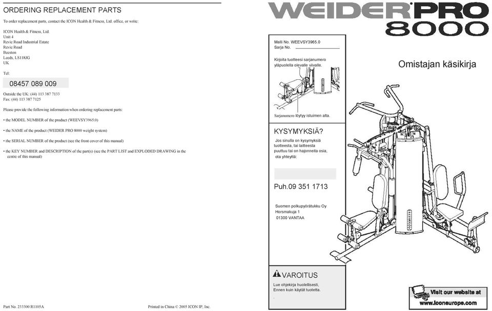 Omistajan käsikirja Please provide the following information when ordering replacement parts: the MODEL NUMBER of the product (WEEVSY.