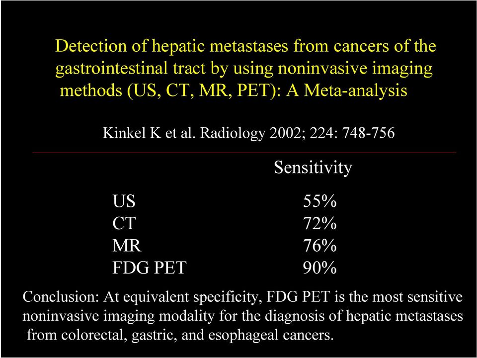 Radiology 2002; 224: 748-756 Sensitivity US 55% CT 72% MR 76% FDG PET 90% Conclusion: At equivalent