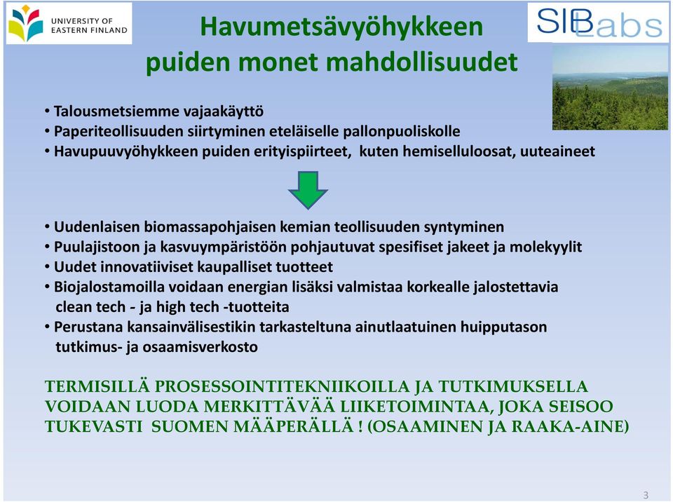 kaupalliset tuotteet Biojalostamoilla voidaan energian lisäksi valmistaa korkealle jalostettavia clean tech ja high tech tuotteita Perustana kansainvälisestikin tarkasteltuna ainutlaatuinen