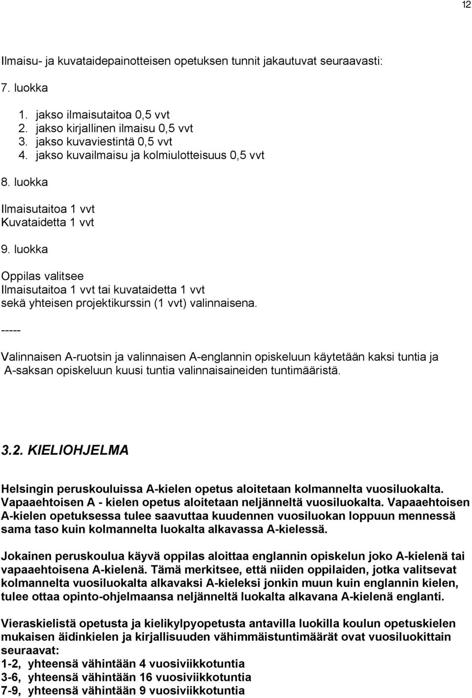 luokka valitsee Ilmaisutaitoa 1 vvt tai kuvataidetta 1 vvt sekä yhteisen projektikurssin (1 vvt) valinnaisena.