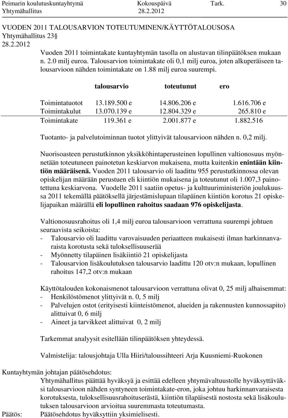 Talousarvion toimintakate oli 0,1 milj euroa, joten alkuperäiseen talousarvioon nähden toimintakate on 1.88 milj euroa suurempi. talousarvio toteutunut ero Toimintatuotot 13.189.500 e 14.806.206 e 1.