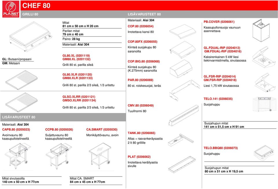 COVER (0206061) Kaasupullonsuoja vaunuun GL.FDUAL-RIP (0204012) GM.FDUAL-RIP (0204016) liekinvarmistimella, sivutasossa GL.FSR-RIP (0204014) GM.FSR-RIP (0204018) Grilli 80 st.