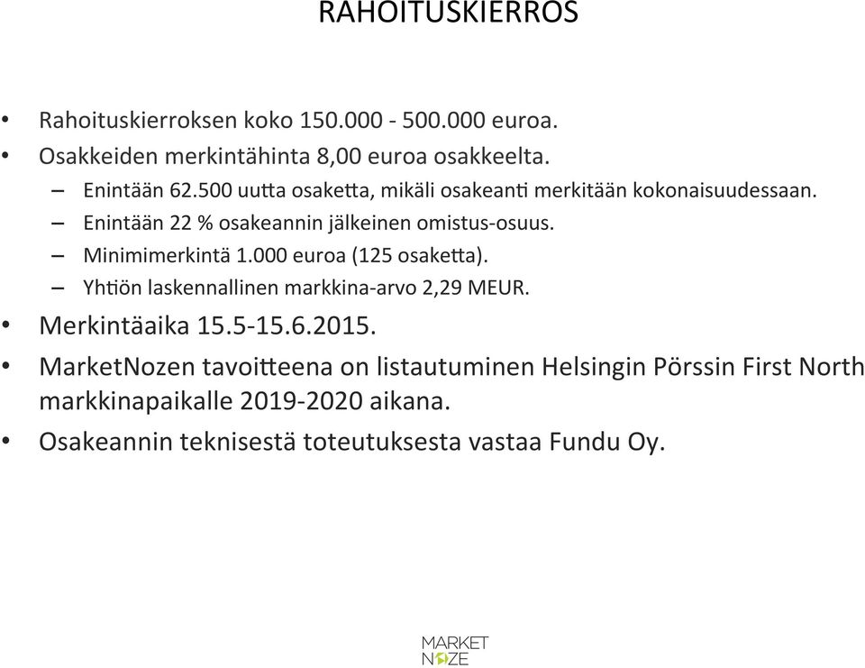 Minimimerkintä 1.000 euroa (125 osake4a). Yh@ön laskennallinen markkina- arvo 2,29 MEUR. Merkintäaika 15.5-15.6.2015.