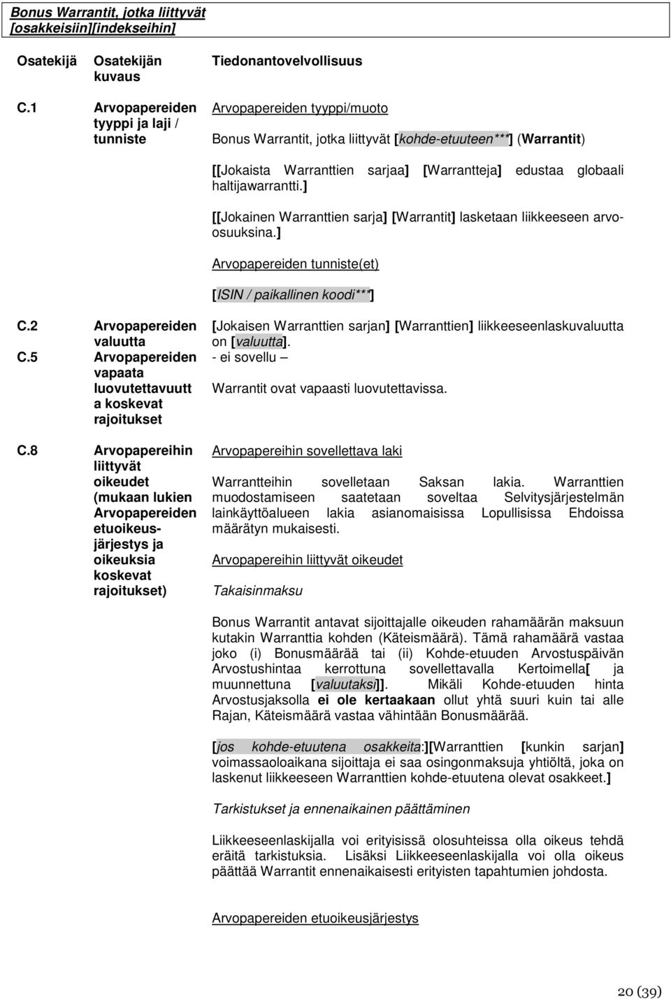 haltijawarrantti.] [[Jokainen Warranttien sarja] [Warrantit] lasketaan liikkeeseen arvoosuuksina.] Arvopapereiden tunniste(et) [ISIN / paikallinen koodi***] C.2 Arvopapereiden valuutta C.