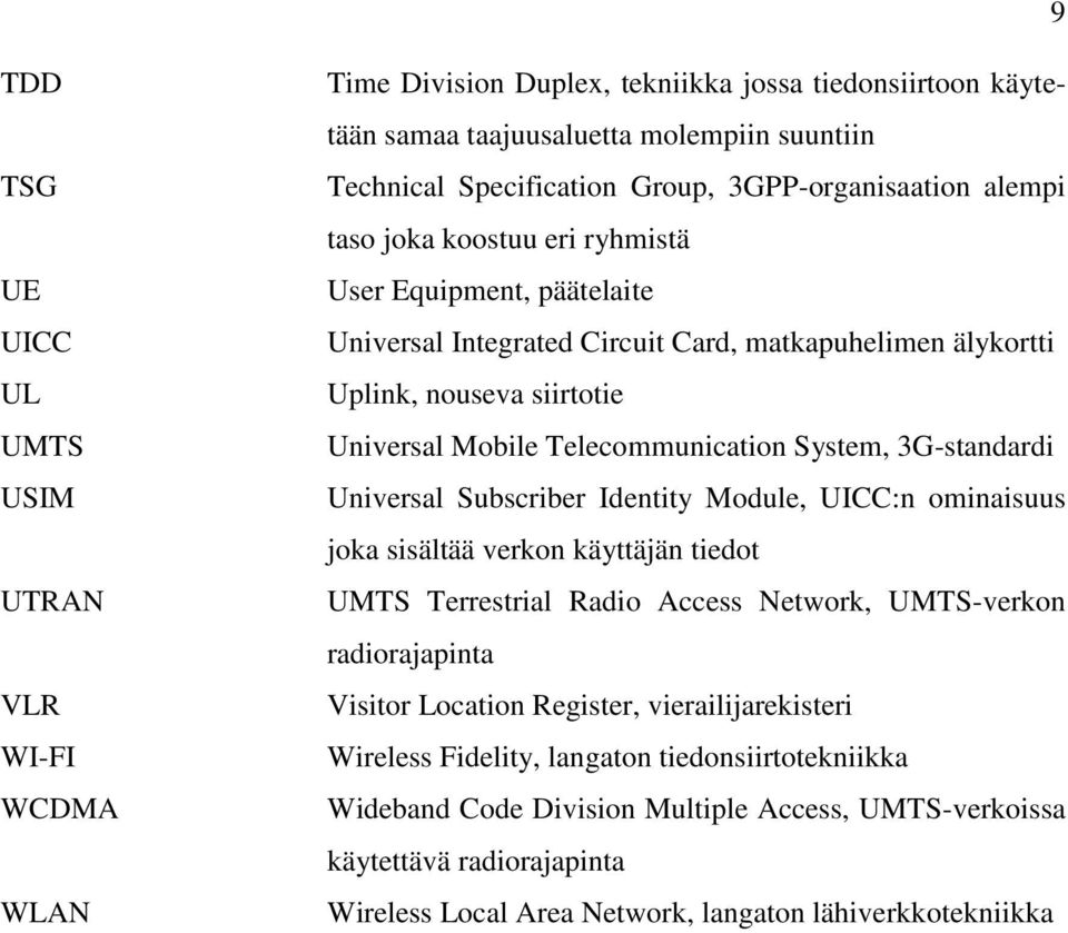 Telecommunication System, 3G-standardi Universal Subscriber Identity Module, UICC:n ominaisuus joka sisältää verkon käyttäjän tiedot UMTS Terrestrial Radio Access Network, UMTS-verkon radiorajapinta