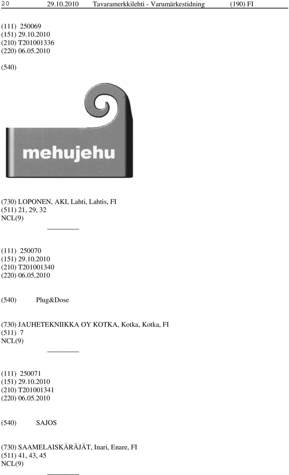 2010 (730) LOPONEN, AKI, Lahti, Lahtis, FI (511) 21, 29, 32 (111) 250070 (210) T201001340 (220)