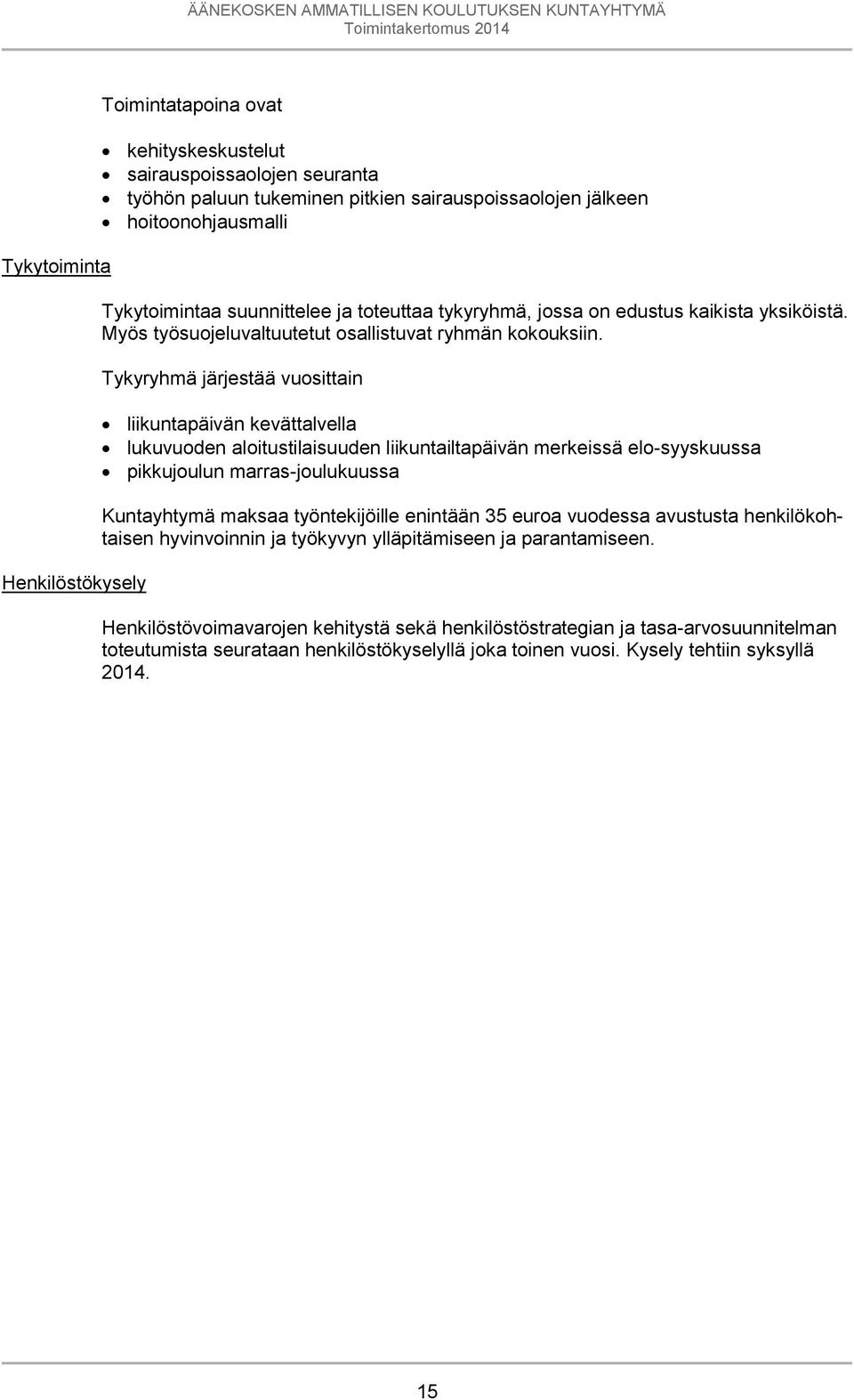 Tykyryhmä järjestää vuosittain liikuntapäivän kevättalvella lukuvuoden aloitustilaisuuden liikuntailtapäivän merkeissä elo-syyskuussa pikkujoulun marras-joulukuussa Kuntayhtymä maksaa työntekijöille