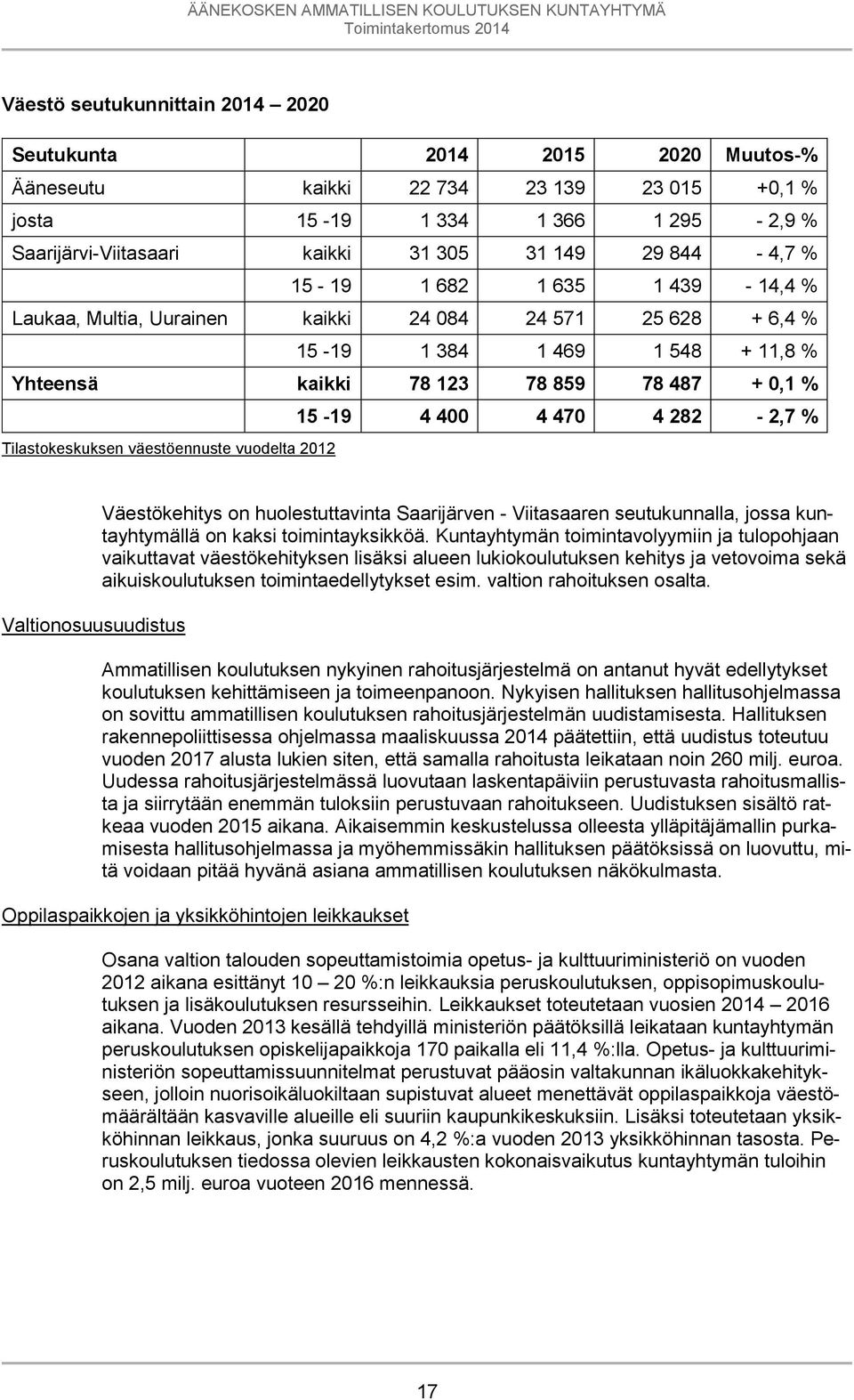 282-2,7 % Tilastokeskuksen väestöennuste vuodelta 2012 Valtionosuusuudistus Väestökehitys on huolestuttavinta Saarijärven - Viitasaaren seutukunnalla, jossa kuntayhtymällä on kaksi toimintayksikköä.