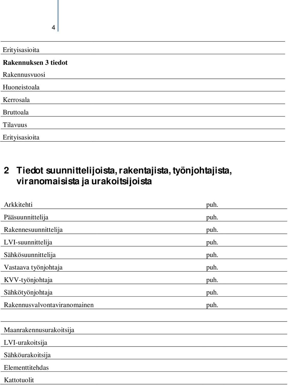 Rakennesuunnittelija LVI-suunnittelija Sähkösuunnittelija Vastaava työnjohtaja KVV-työnjohtaja Sähkötyönjohtaja